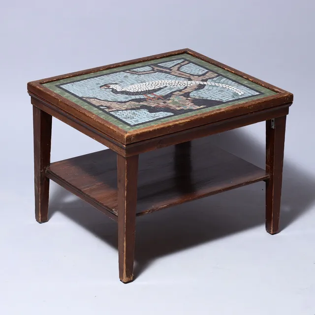 Sofabord med motiv af fugl, fyr og mosaik, signeret, 1900-tallet.
