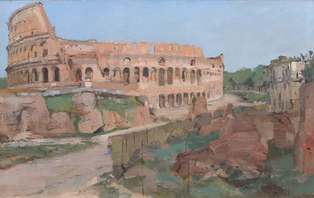 ALFRED HEDLUND. Oljemålning på pannå."Roma Aug. 1921". Signerad.