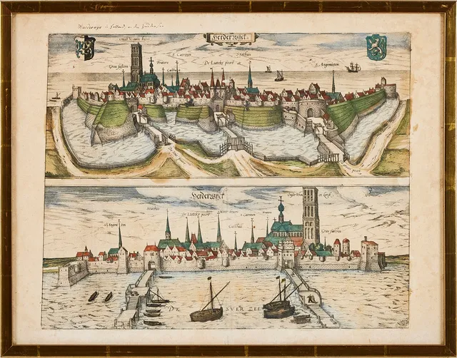 GEORG BRAUN och FRANS HOGENBERG, efter. Två vyer över Harderwijk. Kolorerad gravyr.