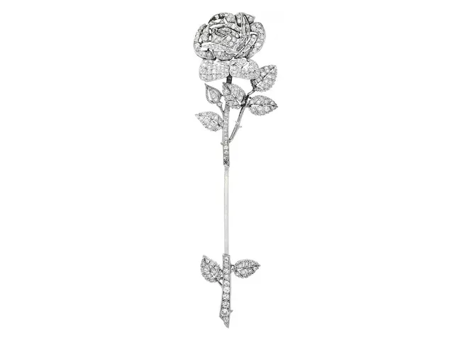 BROSCH, ros, platina, antik- gammal- äldre åttkant- och rosenslipade diamanter, Frankrike, tidigt 1900-tal, längd 94 mm, vikt 12,0 g, skador och lagningar, två diamanter saknas, flera diamanter har nagg och skador, etui.