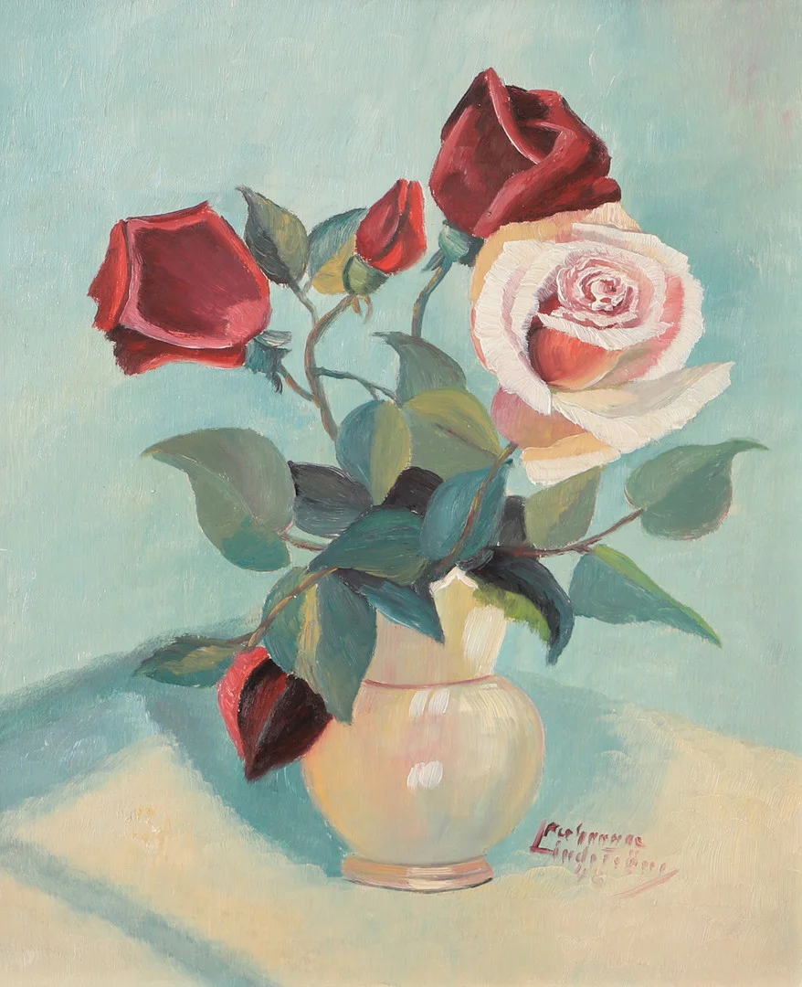 PER GUNNAR LINDSTRÖM. Blomsterstilleben, olja på pannå, signerad -48. — Paintings — Helsingborgs Auktionskammare