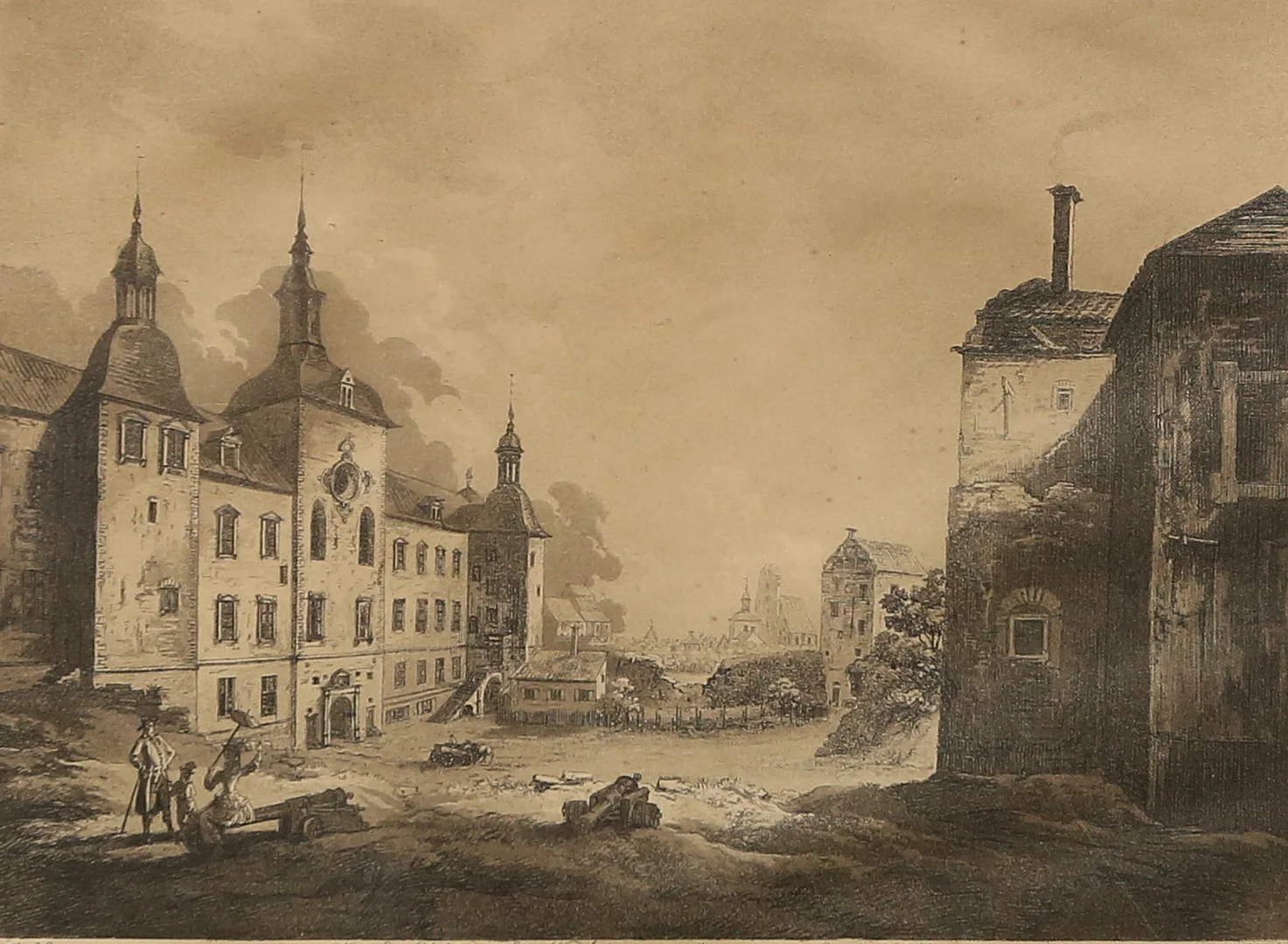 JOHAN FREDRIK MARTIN. EFTER. Grafiskt blad, , " Vue de chateau de Wadstena et dunne partie de la Ville", Ur svenska Vuer Nr 36, signerad J.F.M. — Engravings & Prints — Gomér & Andersson Linköping