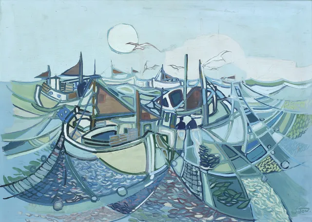 JEAN WILTON. (1934-2011) Fiskebåtar, olja på pannå, signerad Wilton.