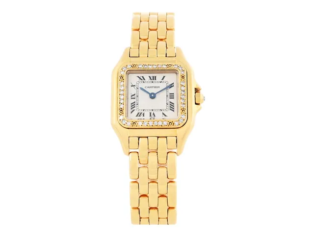 CARTIER, Panthère, Cal 66, Boett nr. 8669191792, damur, 21,5 x 21,5 (30) mm, 18K guld, quartz, safirglas (repor), diamantkrans (36 st. TW/VVS, ca 0,30 ctv), briljant på kronan, originallänk, viklås, totalvikt 70,88 gram, ca 1985, box (ej korrekt till denna modell).
