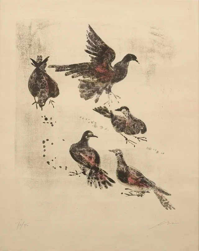 HANS ERNI (SCHWEIZ 1909-2015). Columbidae, färglitografi nr 70/95, signerad Erni.