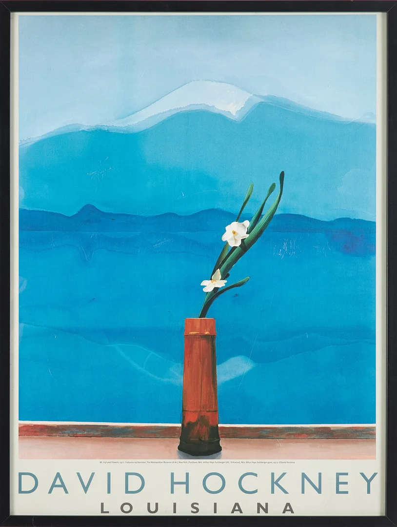 DAVID HOCKNEY. Utställningsaffisch "Mt Fuji and Flowers, 1972", Louisiana 2001-2002. — Other — Stockholms Auktionsverk Sickla