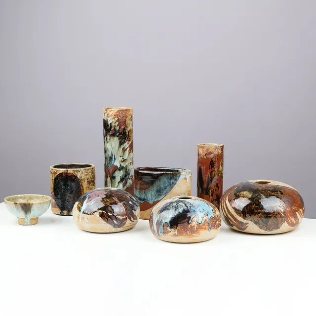 CONNY WALTHER (1931-2019). Collection of eight stoneware works with artistic glazing, own studio, Denmark, brutalism, 1960/70s, (8).
