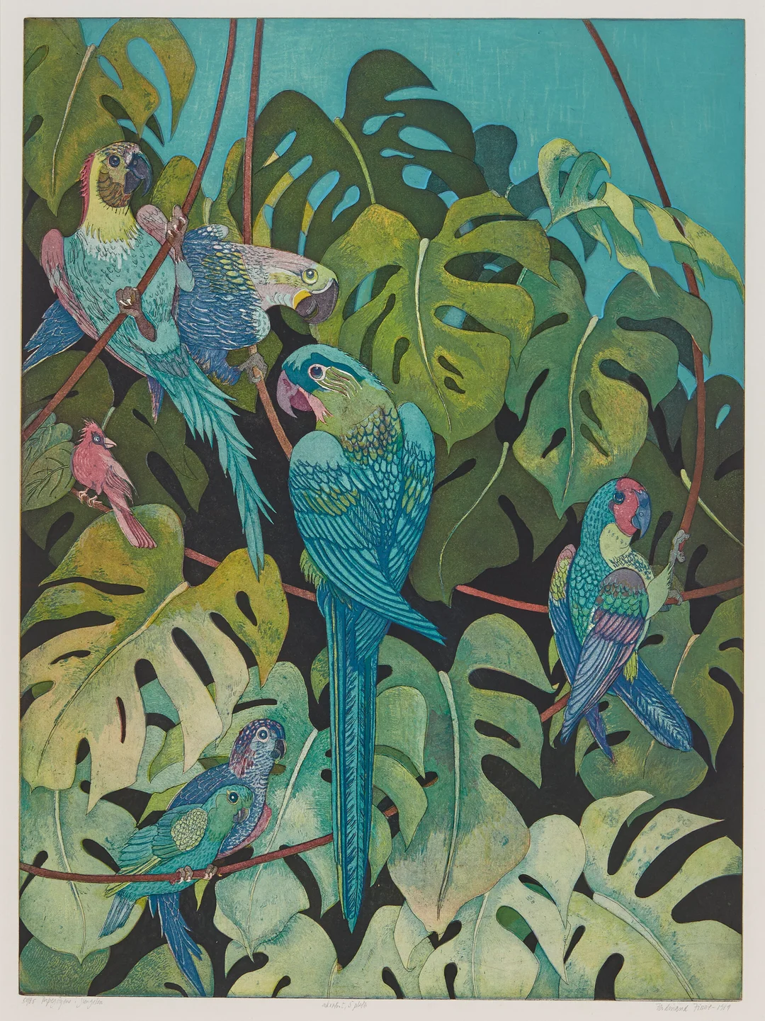 Finne, Ferdinand — "Papegøyene i jungelen" 1989 — Kunst/Grafikk — Blomqvist