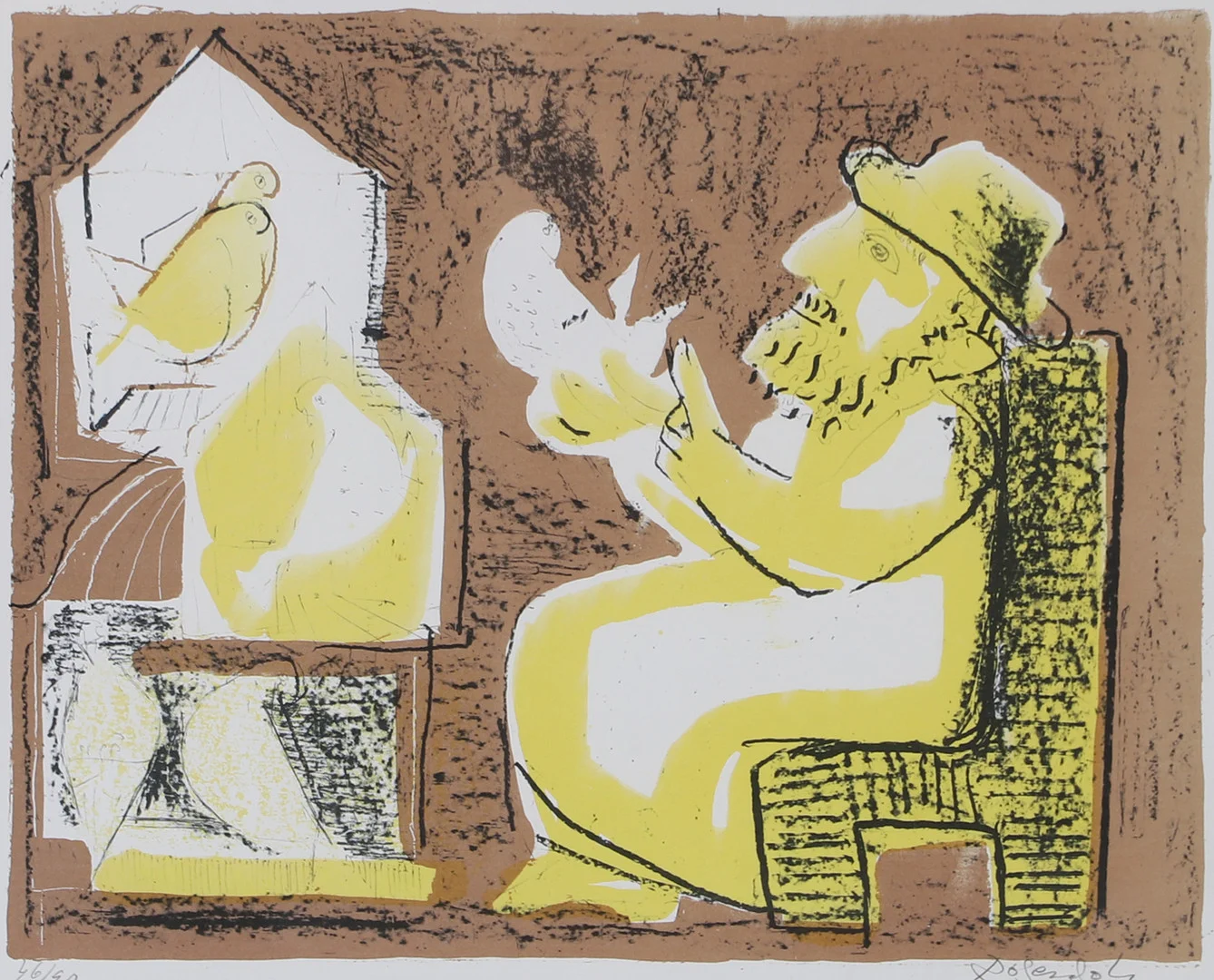 LENNART ROSENSOHN. Man med fåglar, färglitografi, signerad Rosensohn. — Engravings & Prints — Helsingborgs Auktionskammare