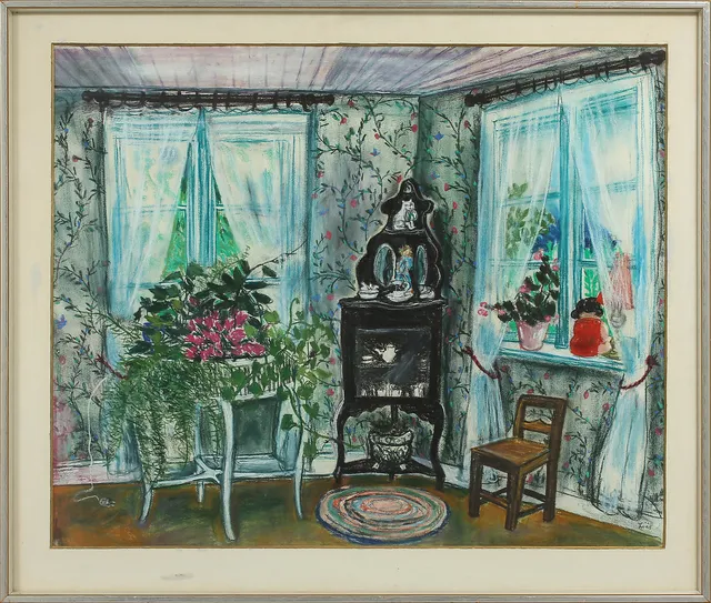 EVY LÅÅS. Rumsinteriör, pastell, signerad.