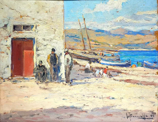 JOAQUIM TERRUELLA MATILLA. Escena de playa, óleo sobre tabla, fechada en 1944.
