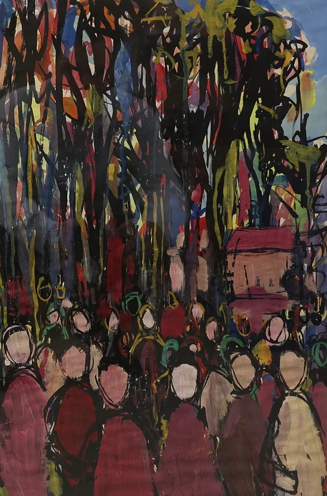 OIDENTIFIERAD KONSTNÄR. Miljö med figurer, guache, signerad, 1900-tal.