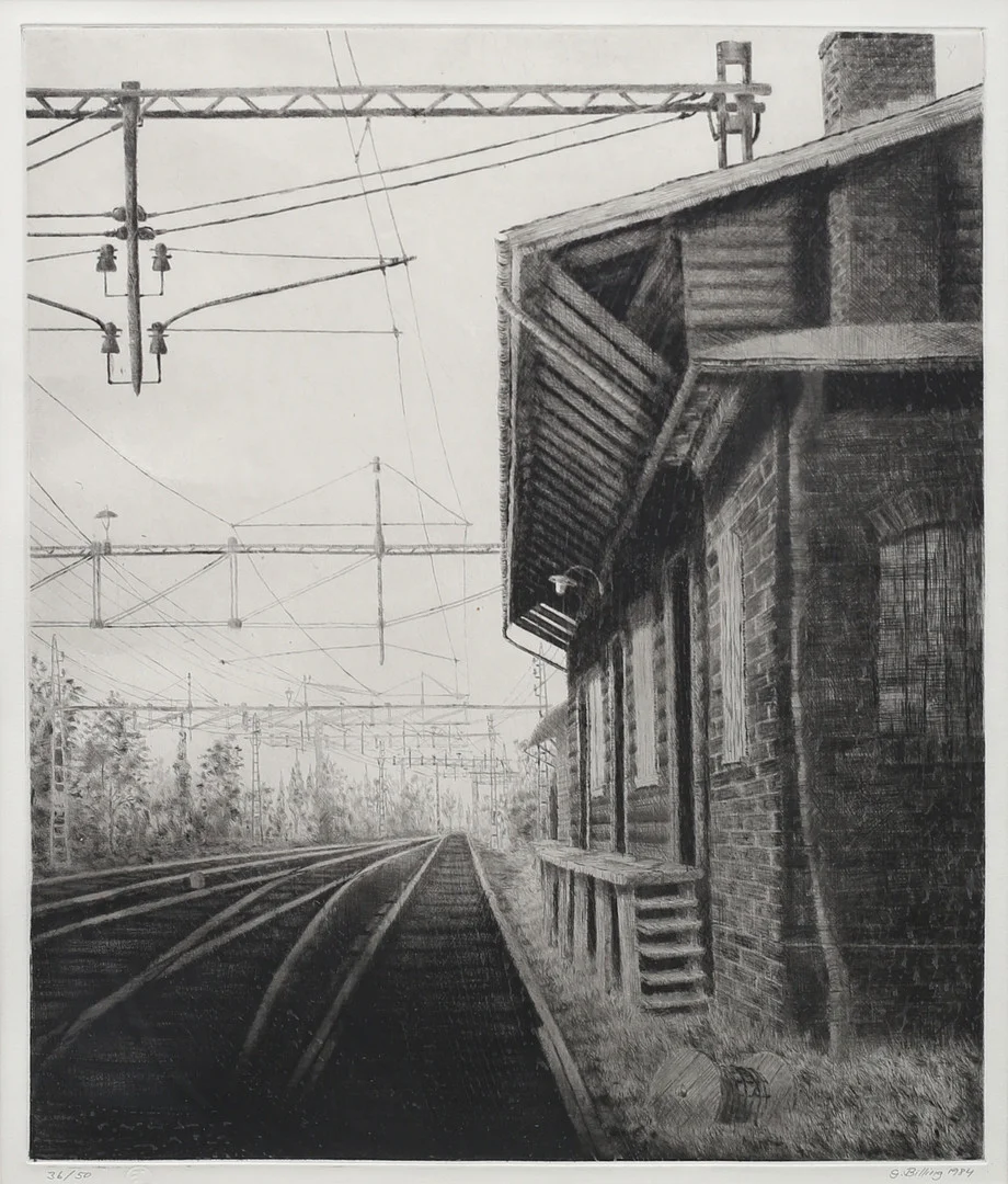 GÖRAN BILLING. Järnvägsspår, etsning nr 36/50. signerad G Billing och daterad 1984. — Engravings & Prints — Garpenhus Auktioner