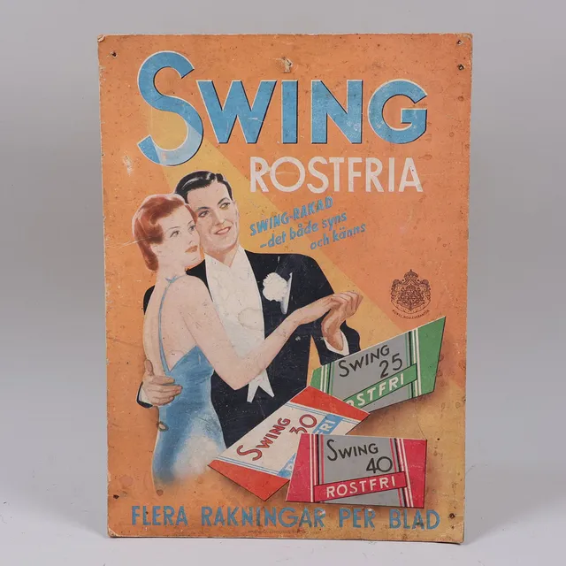 REKLAMSKYLT, "Swing rostfria, Swing-Raka -det både syns och känns", reklam för rakblad, 1941.