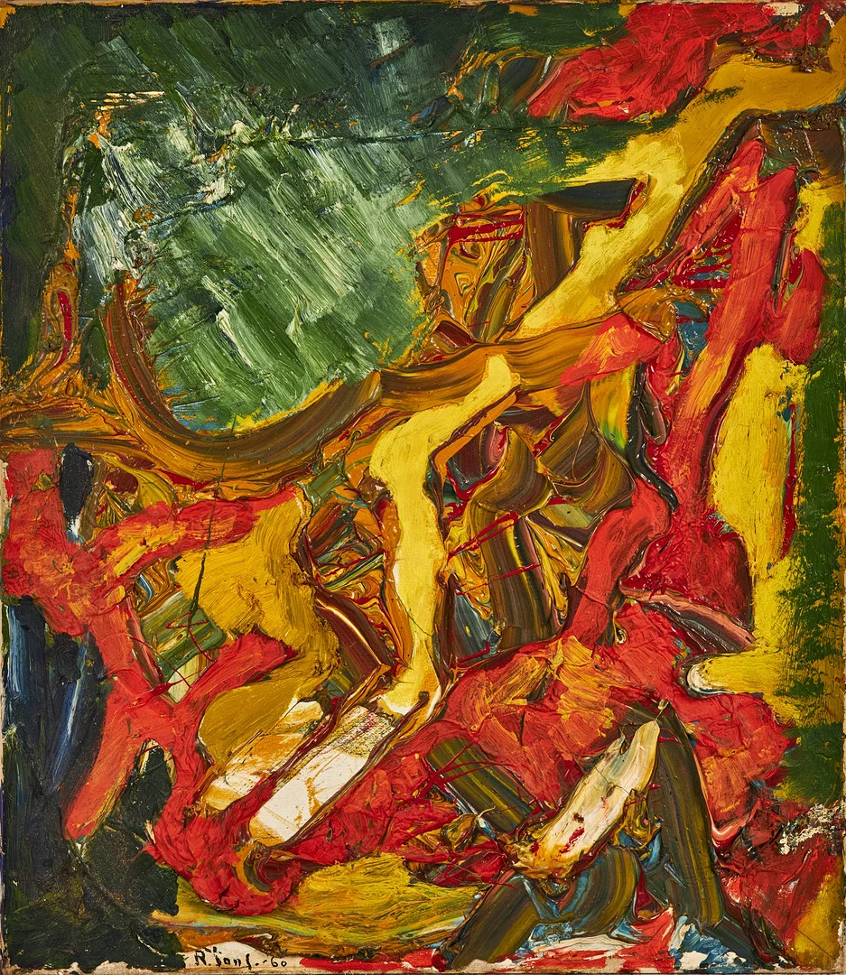 OIDENTIFIERAD KONSTNÄR. Abstraktkomposition, 1960-tal, olja på duk, signerad och daterad 1960. — Paintings — Stockholms Auktionsverk Sickla