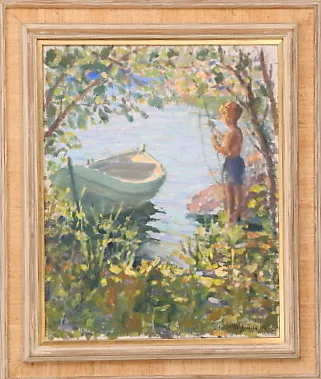 WILHELM SJÖHOLM. TAVLA, olja duk, signerad W.Sjöholm -56, pojke som fiskar från land.