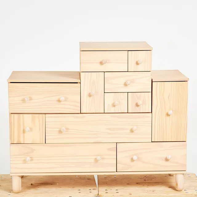EHLÉN JOHANSSON. Byrå, Ikea PS 2012, delvis rödmålad trä, 2 delad, 12 lådor.