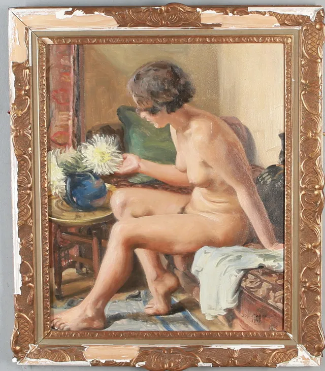 GUSTAF MAGNUSSON. Nakenstudie, kvinna, olja på pannå, signerad, daterad 1941.