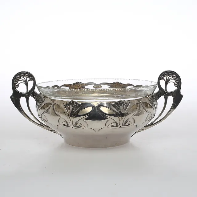 SKÅL, nysilver med glasinsats, jugend, WMF importerad av K. Andersson, tidigt 1900-tal.