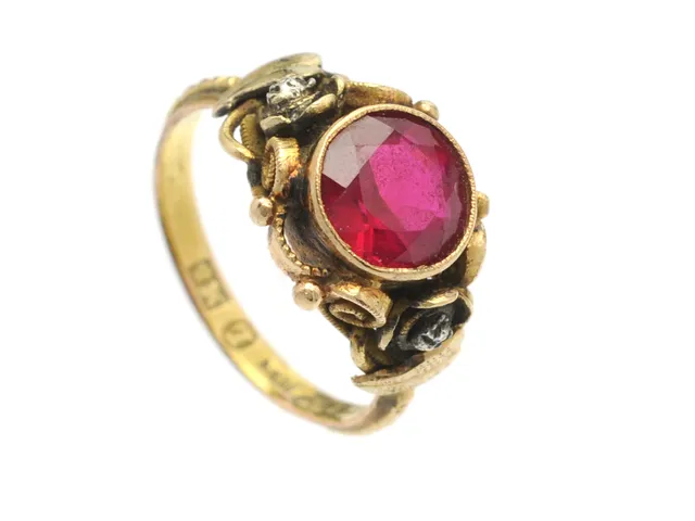 RING, 18K guld, syntetisk rubin, stl 17,25 mm, vikt 4,7 g, År 1866.