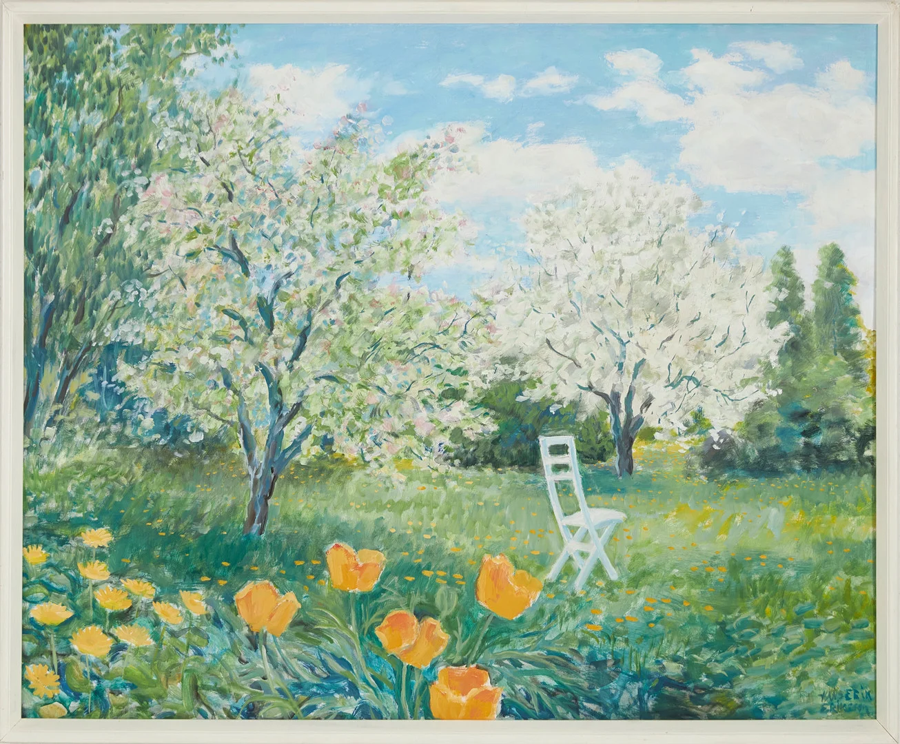 HANS ERIK ERIKSSON (1921-1997). Trädgårdsmotiv, fruktträd, olja på pannå, signerad. — Paintings — Stockholms Auktionsverk Magasin 5