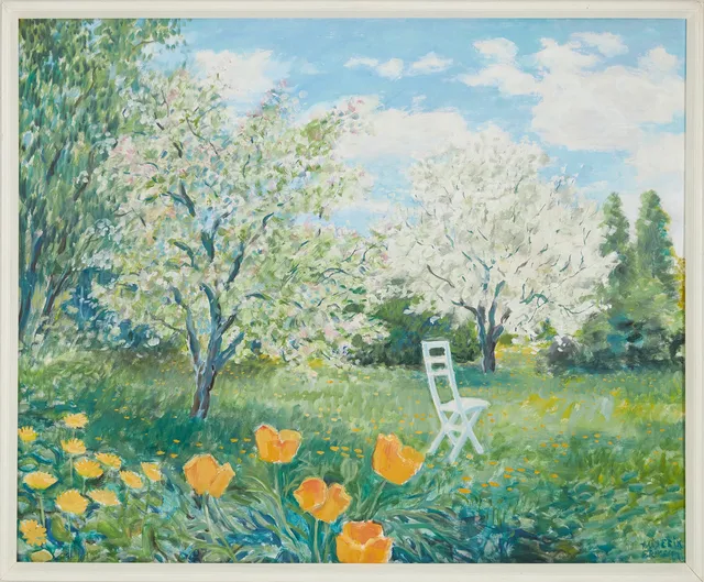 HANS ERIK ERIKSSON (1921-1997). Trädgårdsmotiv, fruktträd, olja på pannå, signerad.