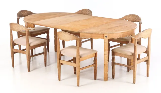 Henry Kjærnulf. Dining table and six armchairs, oak (9)