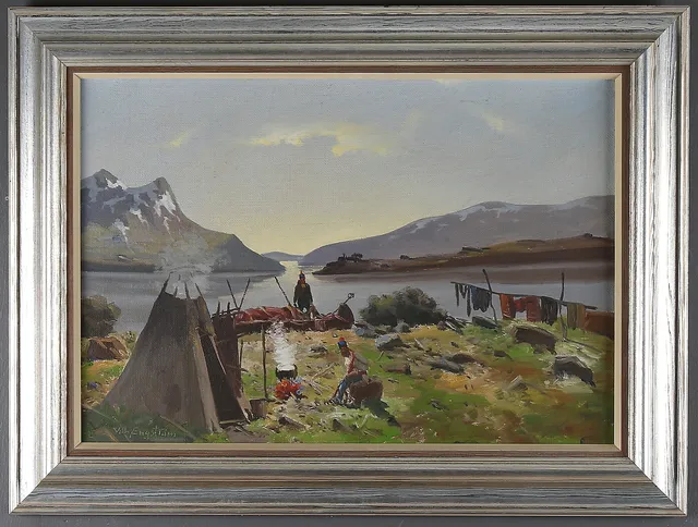 VILHELM ENGSTRÖM. Same vid kåtan, olja på duk, signerad.