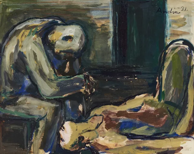 ALBIN AMELIN (1902–1975). Mordscen, signerad och daterad 'Amelin -31', gouache.