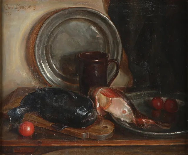 CARL LJUNGBERG. Oljemålning på duk. Stilleben med fiskar. Signerad och daterad 1930.