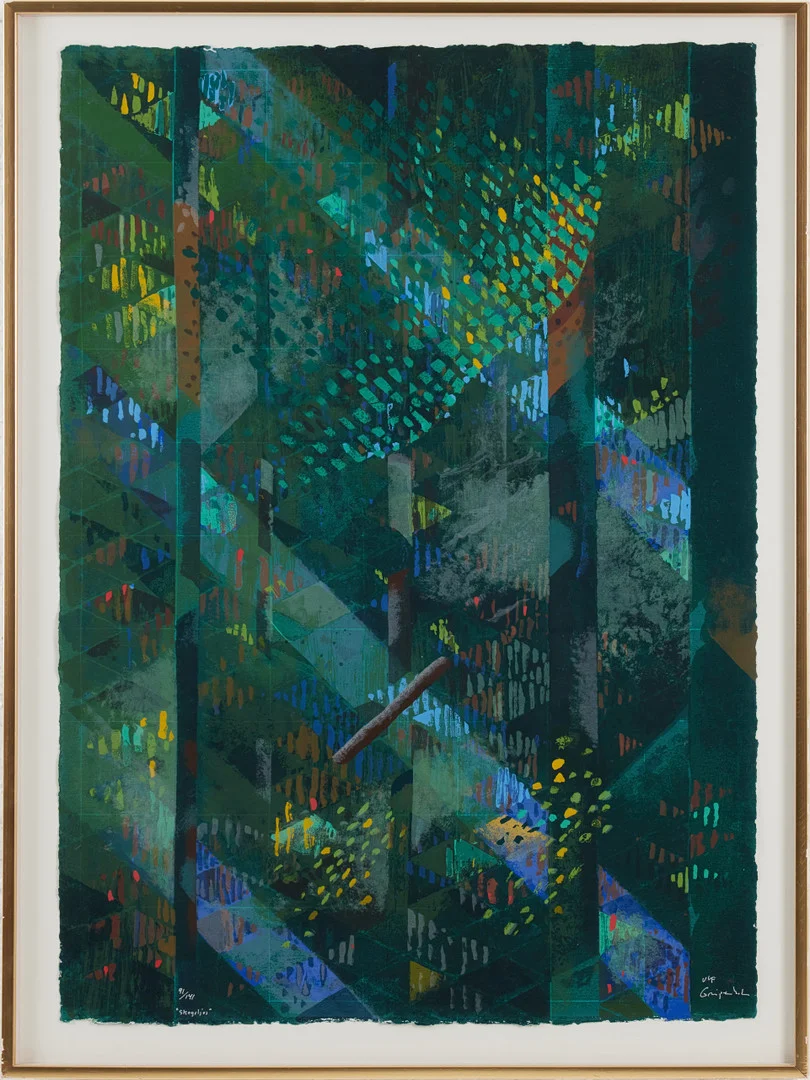 ULF GRIPENHOLM. "Skogsljus", färgserigrafi, signerad, numrerad 91/141. — Engravings & Prints — Stockholms Auktionsverk Magasin 5