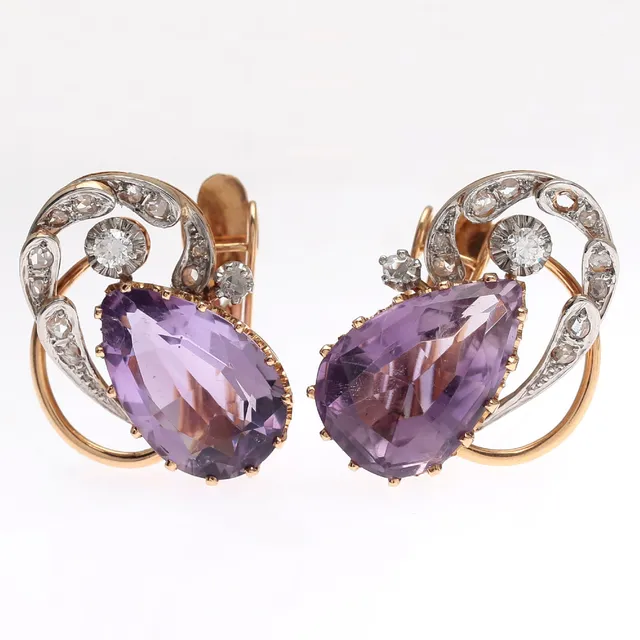Amethysts and diamonds earrings, circa 1940.