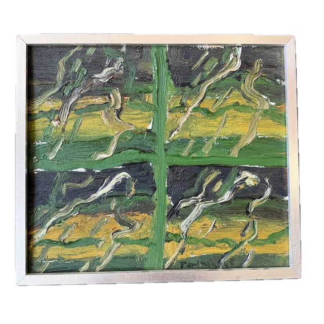 OIDENTIFIERAD KONSTNÄR. år 1965. Abstrakt Motiv. Olja på Pannå.