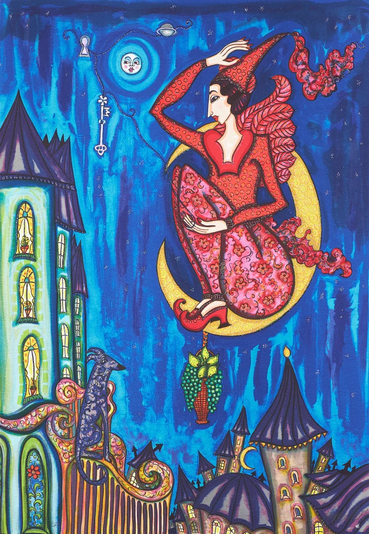 ANGELICA WIIK. "Flickan i månen", färglitografi med glitterapplikation, numrerad EA, signerad. — Engravings & Prints — Stockholms Auktionsverk Sickla