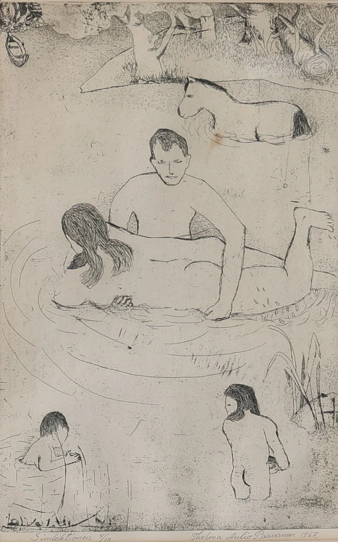 THELMA AULIO PAANANEN. etsning, "Simlektionen", signerad, numrerad 4/10 samt daterad 1967. — Engravings & Prints — Gomér & Andersson Nyköping