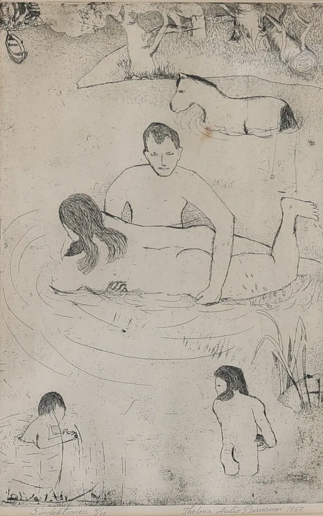 THELMA AULIO PAANANEN. etsning, "Simlektionen", signerad, numrerad 4/10 samt daterad 1967.