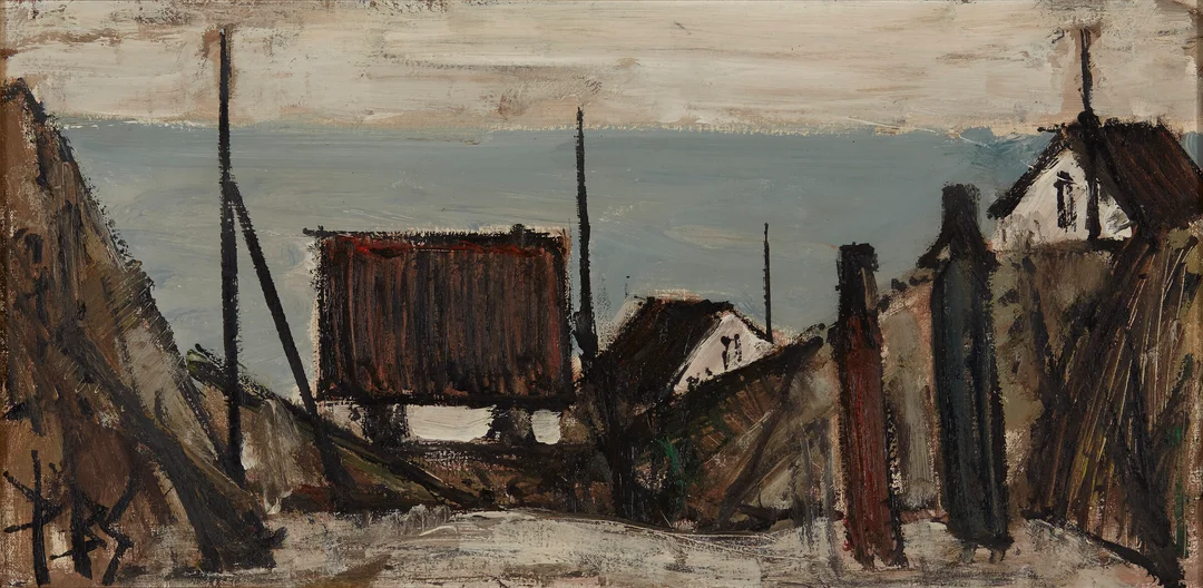 Sørensen, Peder Brøndum — "Figurer og huse ved havet" 1973 — Kunst/Maleri — Blomqvist