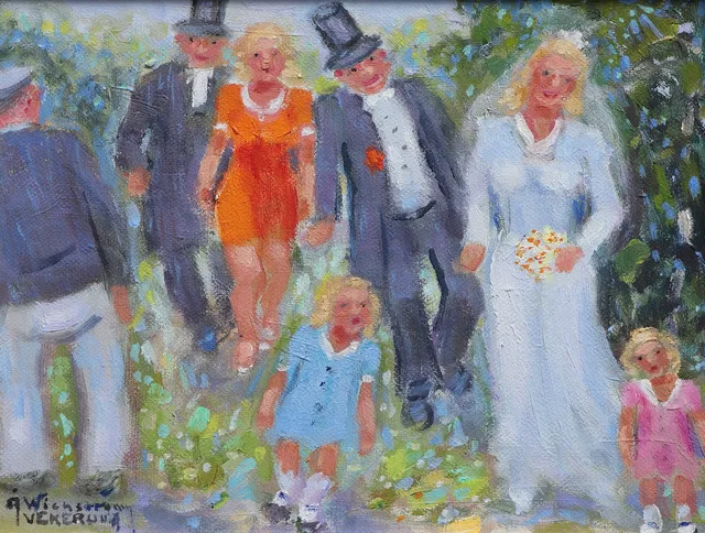 ÅKE WICKSTRÖM. Olja på duk, "Edla och Johan gifter sej, händelse 1941", signerad.