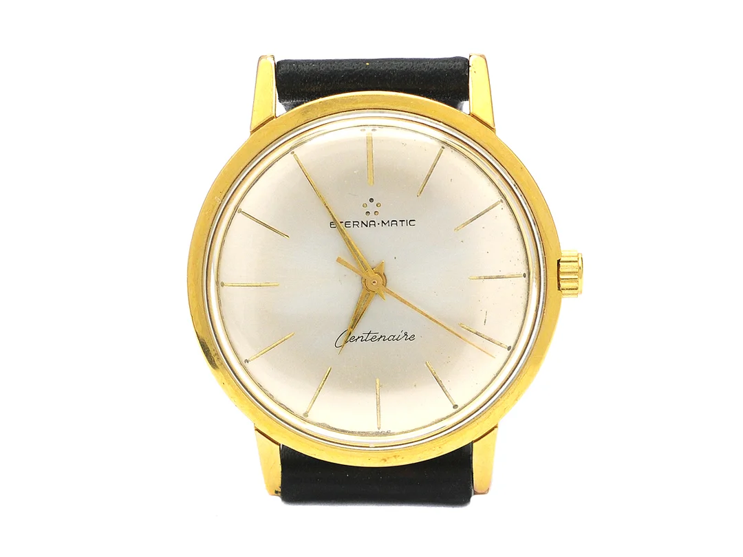 ETERNA-MATIC, Centenaire, Boett nr. 4485832, herrur, 34,5 mm, doublé (80 micron), automatisk, plexiglas, skadad urtavla, skadad boett, läderband, ca 1960. — Klockor/Eterna — Kaplans