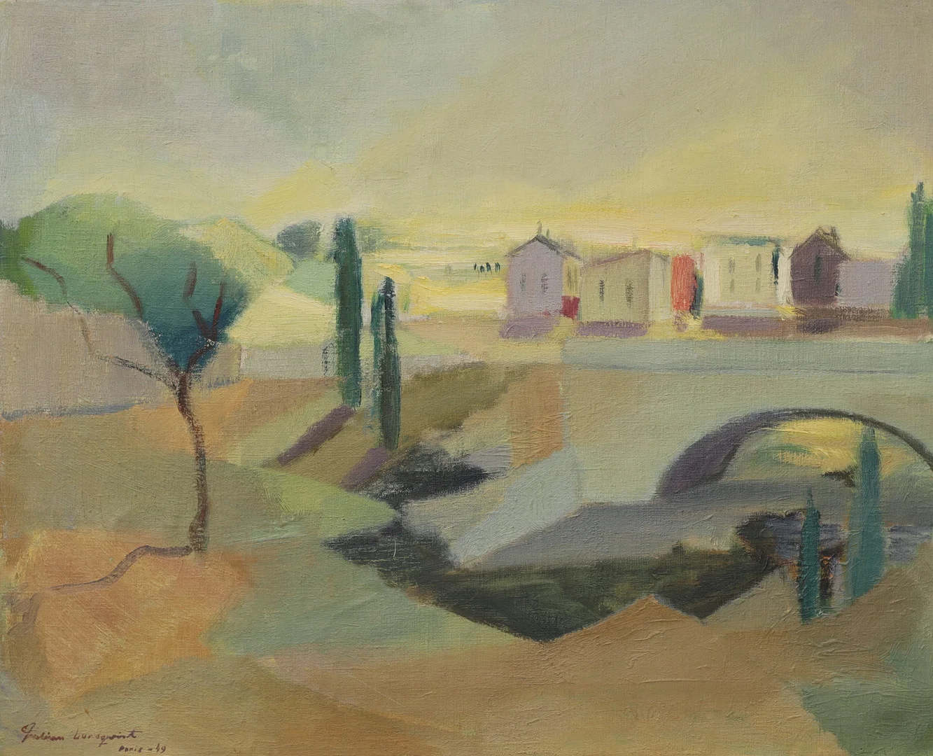 FABIAN LUNDQVIST. Franskt landskap med hus, olja på duk, signerad, daterad Paris -49. — Paintings — Växjö Auktionskammare