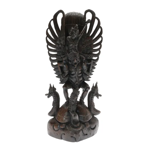 IDA BAGUS NJANA (1912-1985), BALINESE CARVED EBONISED TEAK FIGURAL GROUP OF VISHNU RIDING GARUDA.