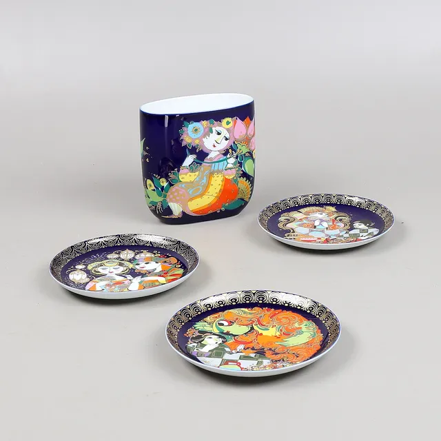BJÖRN WIINBLAD. Fat, 3 st samt vas, porslin, "Aladin", Studio-linie, Rosenthal, Tyskland.