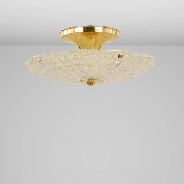 CARL FAGERLUND (1915–2011). Loftslampe af messing og formpresset glas, Orrefors/Lyfa, Danmark, 1960/1970'erne.