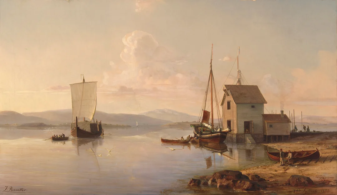 Bennetter, Johan Jakob — Havneparti med seilskuter og folkeliv, 1855 — Kunst/Maleri — Blomqvist