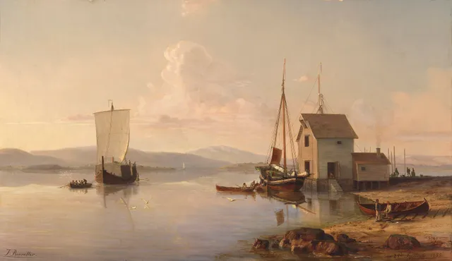 Bennetter, Johan Jakob — Havneparti med seilskuter og folkeliv, 1855