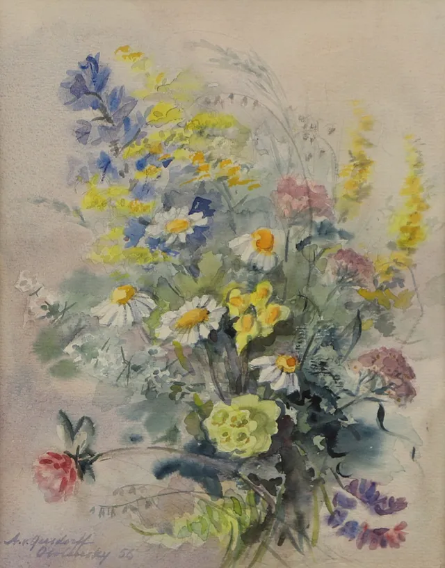ANNA VON GERSDORFF-OBOLENSKY. Sommarblommor, akvarell, signerad A. v. Gersdorff Obolensky, daterad -56.
