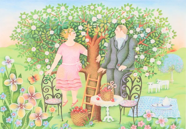 MARION BOLIN. "Våren", färglitografi, signerad.