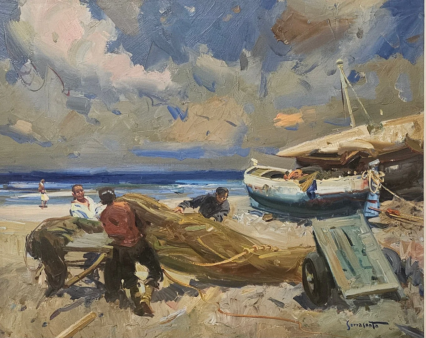 JOSEP SERRASANTA. Óleo sobre lienzo, "Pescadores en la playa". — Paintings — Arce Auctions