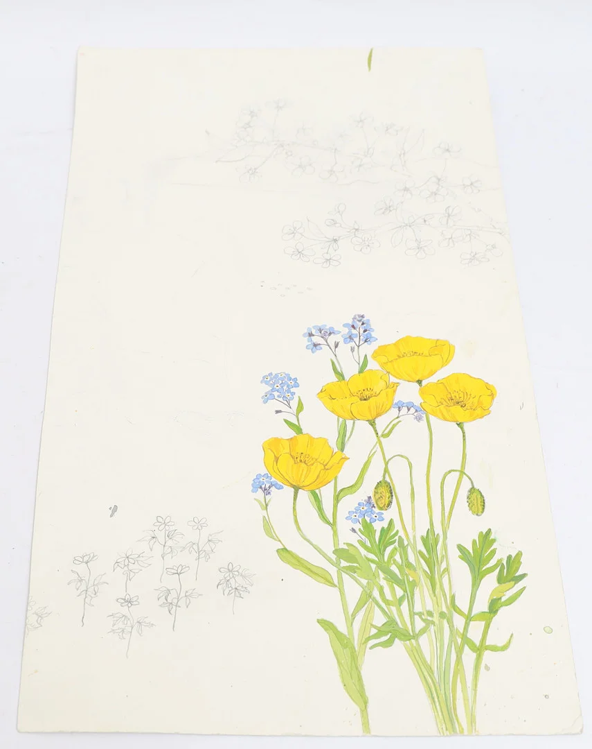 STINA SUNESSON. Skiss med motiv av blomster. blandteknik, osignerad. — Paintings — Falun Auktionsbyrå
