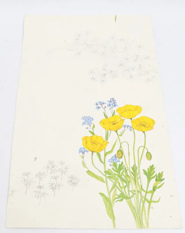 STINA SUNESSON. Skiss med motiv av blomster. blandteknik, osignerad.